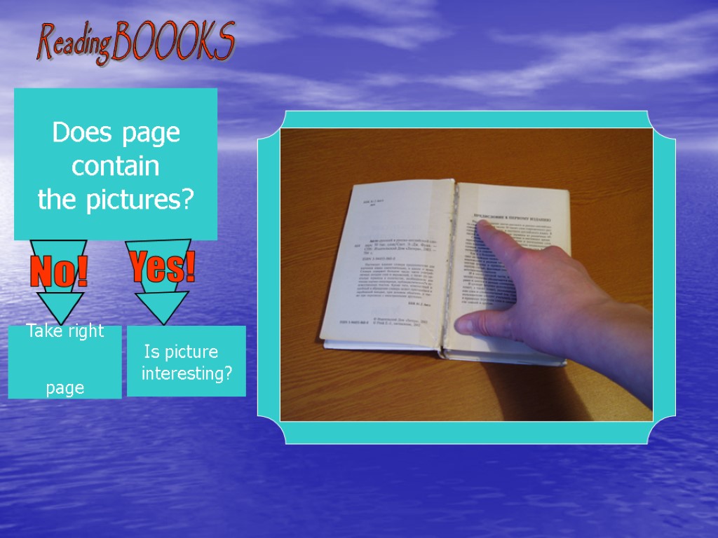 Reading BOOOKS Does page contain the pictures? Is picture interesting? Take right page